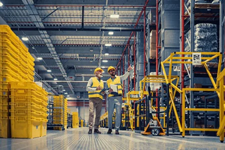 Wholesale: efficient logistics in high-bay warehouses Huge warehouse with yellow boxes, tall shelves, and two employees in reflector vests in the aisle.