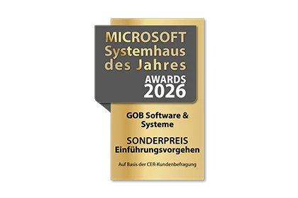 ERP des Jahres 2026: Sonderpreis für unser Einführungsvorgehen Siegel „Microsoft-Systemhaus des Jahres 2026“: Sonderpreis Einführungsvorgehen für GOB.