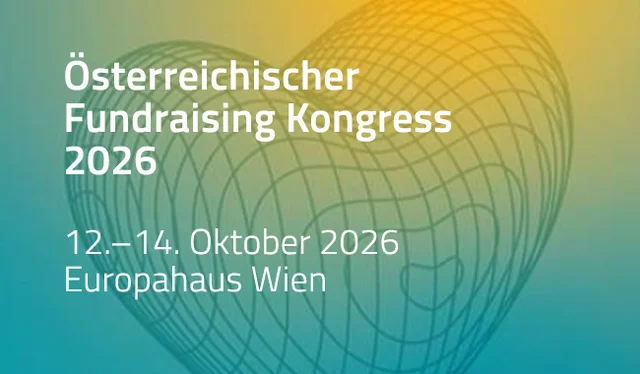 Österreichischer Fundraising Kongress 2026 in Wien: Wir sind dabei Grafik zum Österreichischen Fundraising Kongress 2026 vom 12. bis 14. Oktober im Europahaus Wien.