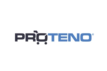 Logo of the PROTENO GmbH PROTENO logo with black and blue lettering and shopping trolley symbol.