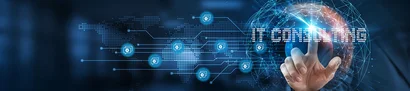 IT services for an optimally networked infrastructure | 1905 x 425 pixel Person taps on IT Consulting on blue virtual dashboard with digitally networked globe