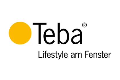 Logo of the Teba GmbH – ‘Lifestyle at the window’ Teba logo with yellow circle and black lettering ‘Lifestyle am Fenster’ (Lifestyle at the window).